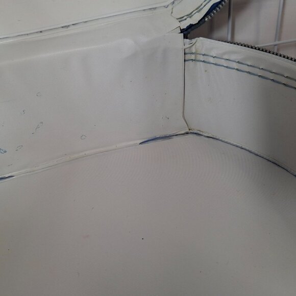 Vintage Travel Hat Box Round 1960s Suitcase Blue With 2 White Stripes - Picture 13 of 16